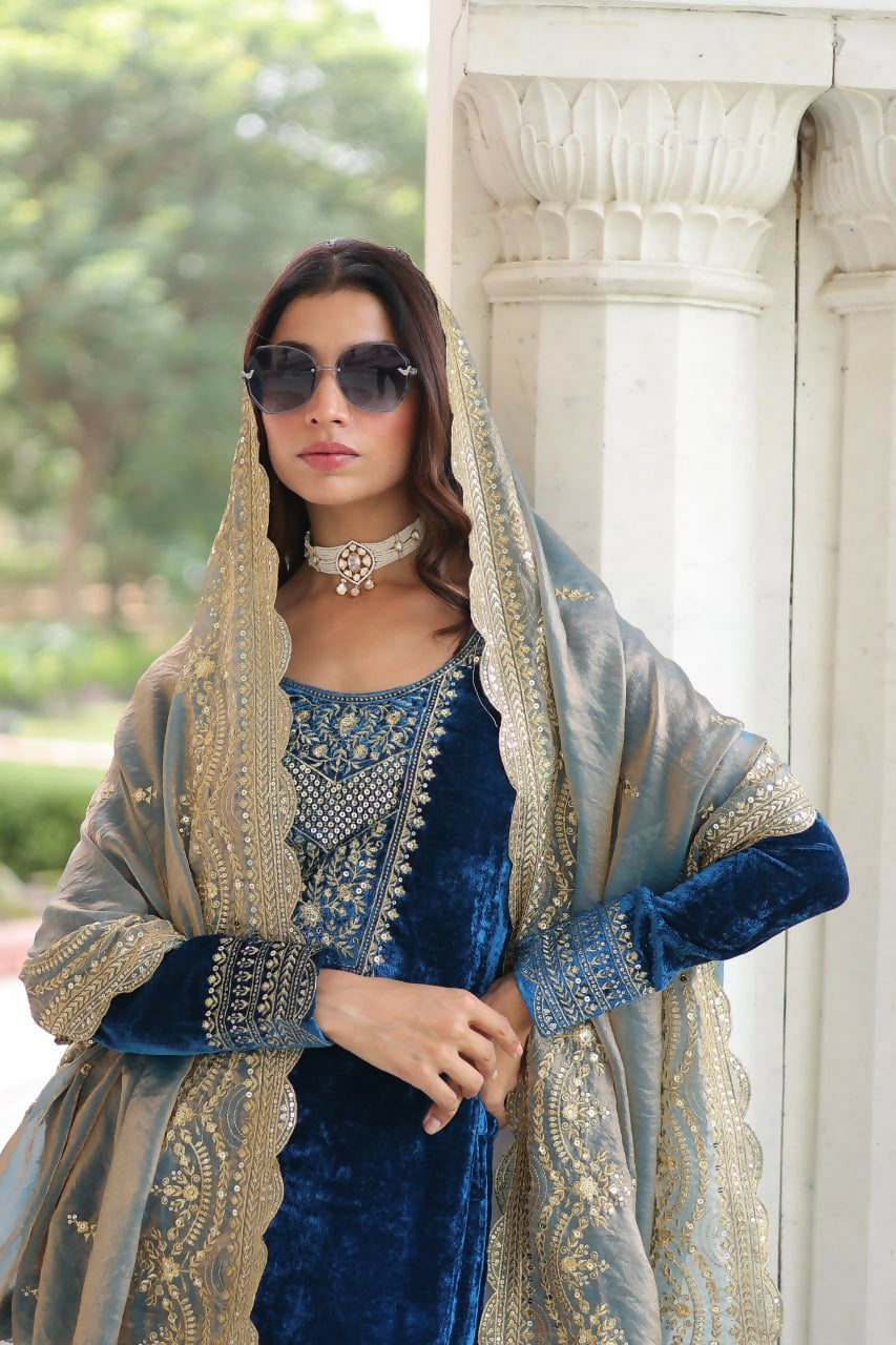 Vastranavya Morpeach Velvet With Rich Sequins & Zari Embroidered Work Top-Bottom With Dupatta - Distacart