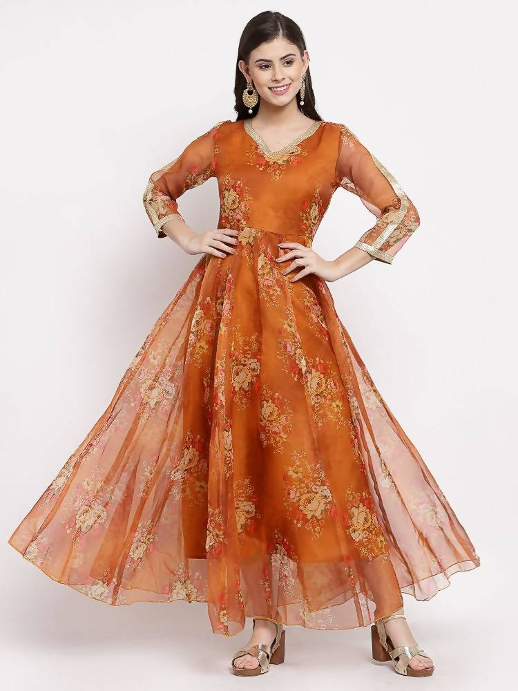 Myshka Women's Brown Organza Printed 3/4 Sleeve V Neck Casual Anarkali Dress