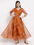 Myshka Women's Brown Organza Printed 3/4 Sleeve V Neck Casual Anarkali Dress