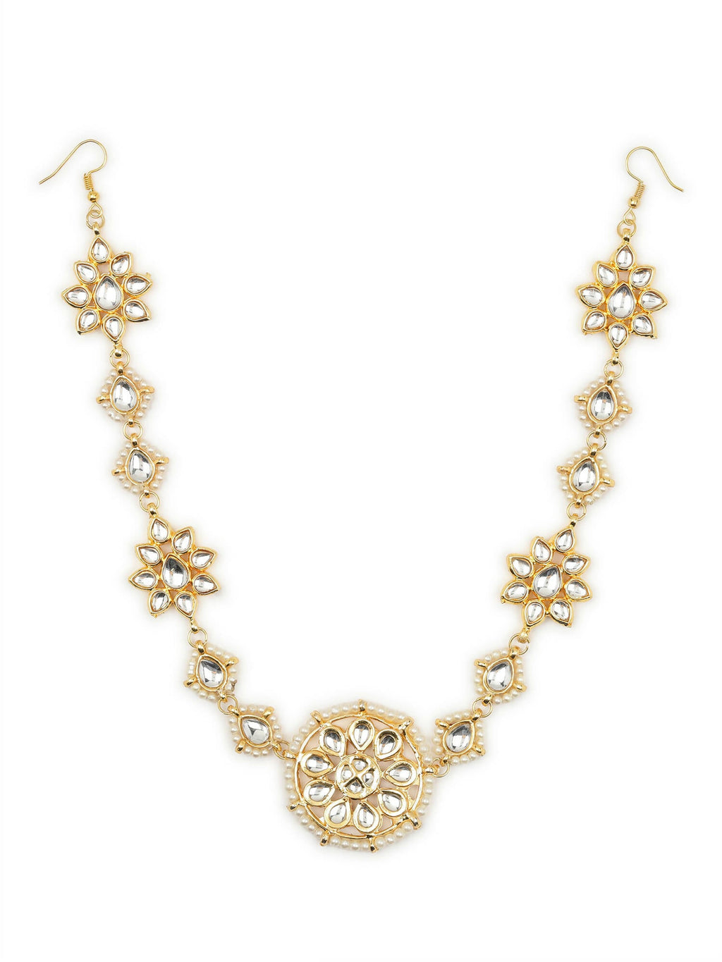 Gold-Plated White Kundan-Studded Pearl Beaded Hair Band - Ruby Raang - Distacart