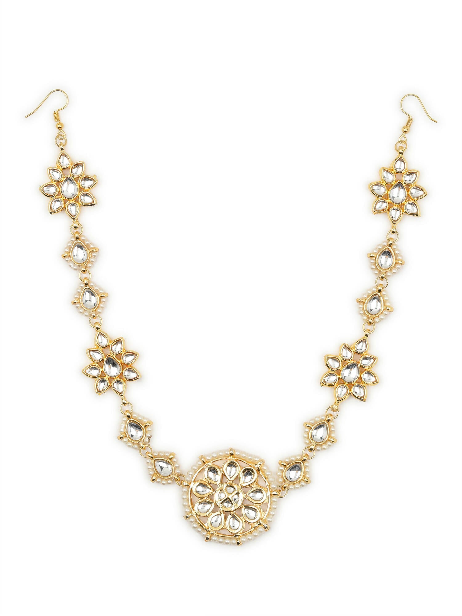 Gold-Plated White Kundan-Studded Pearl Beaded Hair Band - Ruby Raang - Distacart