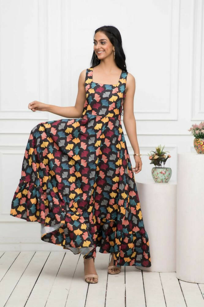 Myshka Women Black Floral Rayon A-Line Round Neck Dress - Distacart