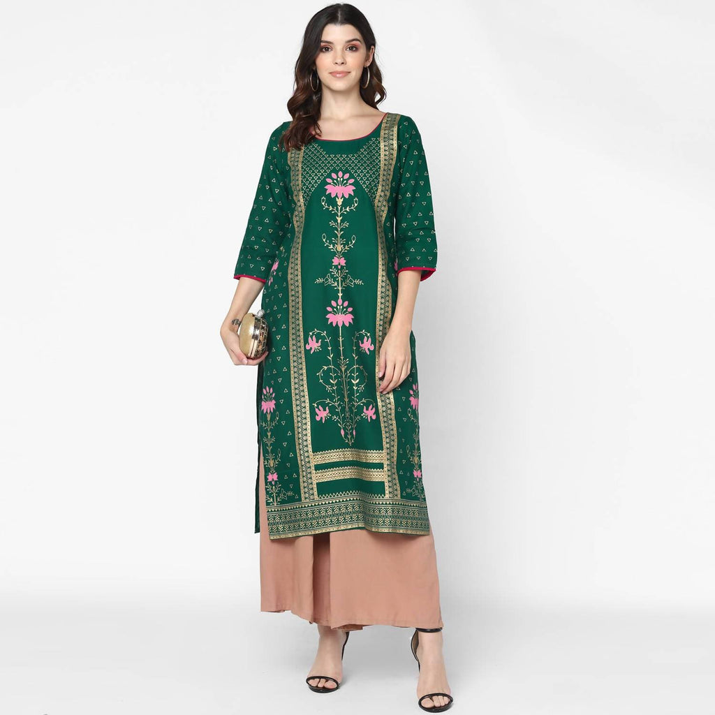 Cheera Hand Block Print Green Straight Kurta (MAAI-063K)