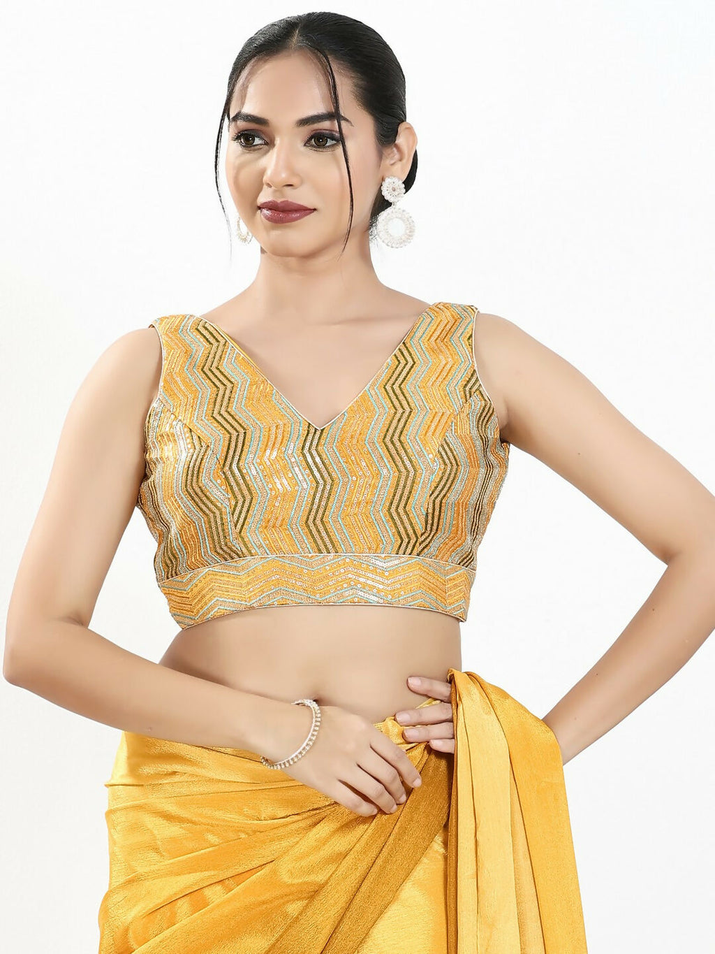 Joban Fashion Yellow Multi Silk Padded Blouse With V Neck Sleeveless - Distacart