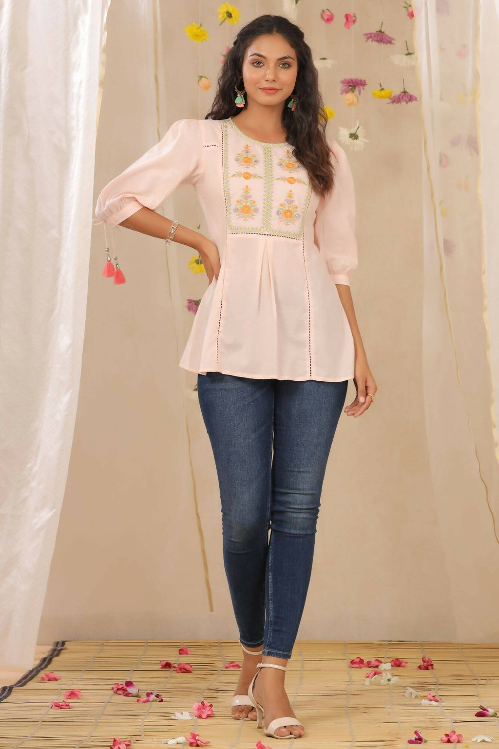 Juniper Women Peach Cotton Dobby Embroidered A-Line Tunic - Distacart