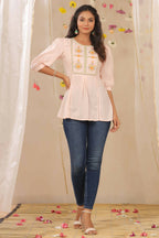 Juniper Women Peach Cotton Dobby Embroidered A-Line Tunic - Distacart