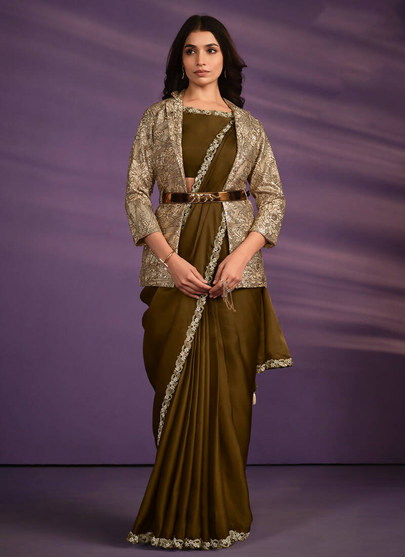 Olive Crepe Shimmer Silk Embroidered Saree With Stitched Blouse - Mohmanthan Exotica