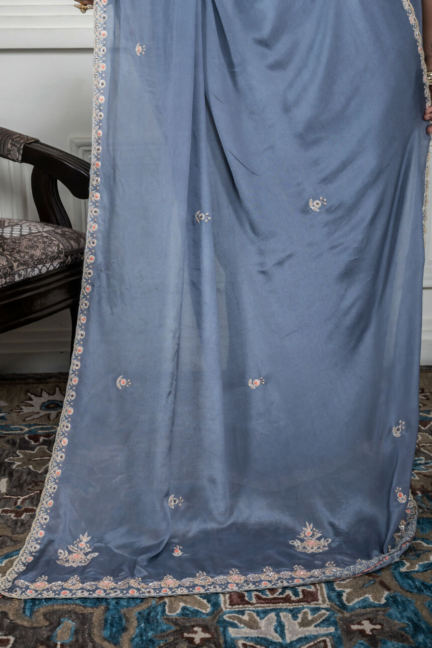 Morchari Grey Chiffon Hand Embroidery Saree And Stitched Blouse - Distacart