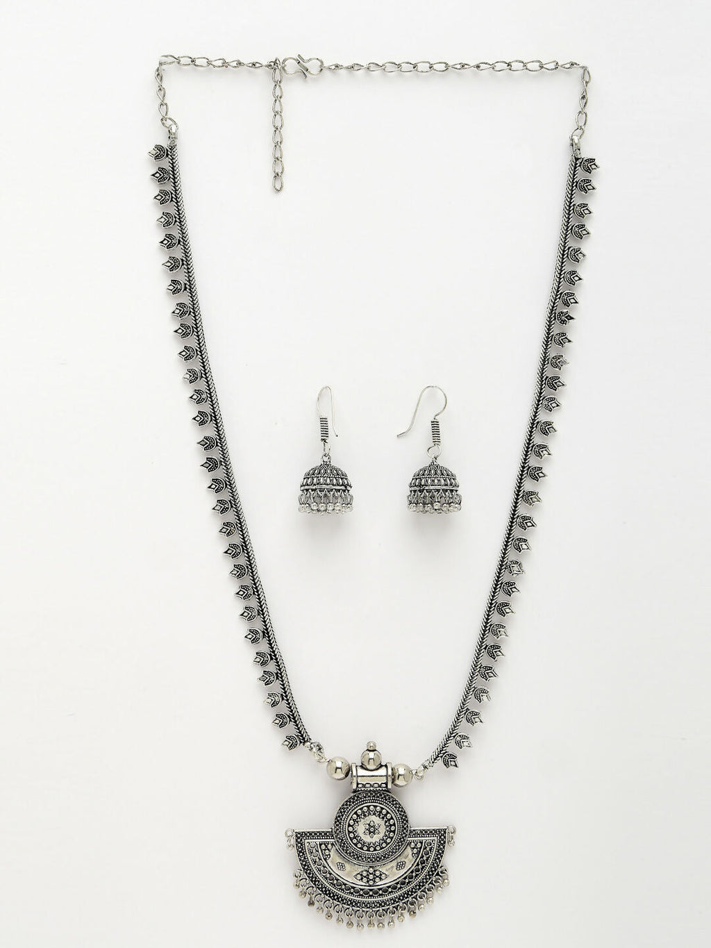 NVR Women's Silver-Toned German Silver Oxidised Necklace with Jhumka Earrings
