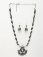 NVR Women's Silver-Toned German Silver Oxidised Necklace with Jhumka Earrings