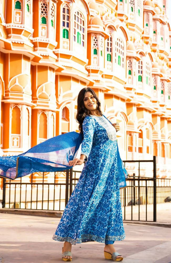 Yufta Women Blue Printed Pure Cotton Anarkali Kurta with Trouser & With Dupatta
