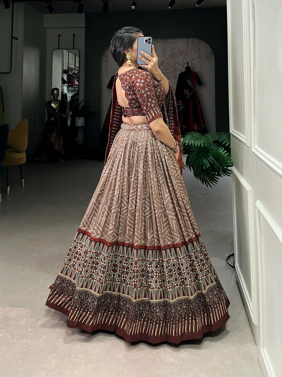 Vastranavya Bandhej And Ajarakh Print Tussar Silk Lehenga Choli - Brown
