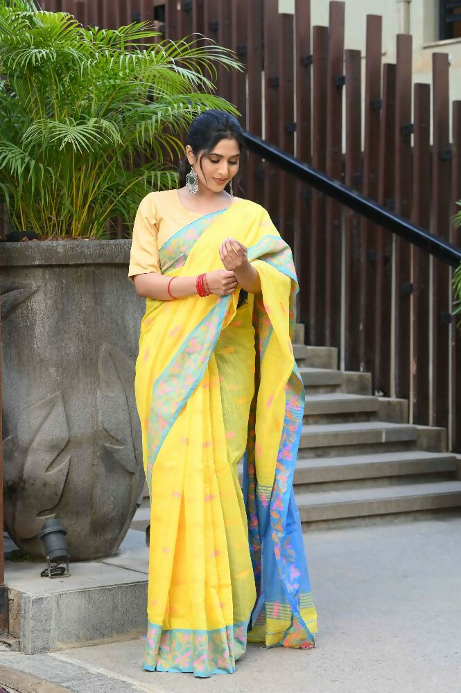 Beatitude Yellow Slub Cotton Floral Jamdani Saree
