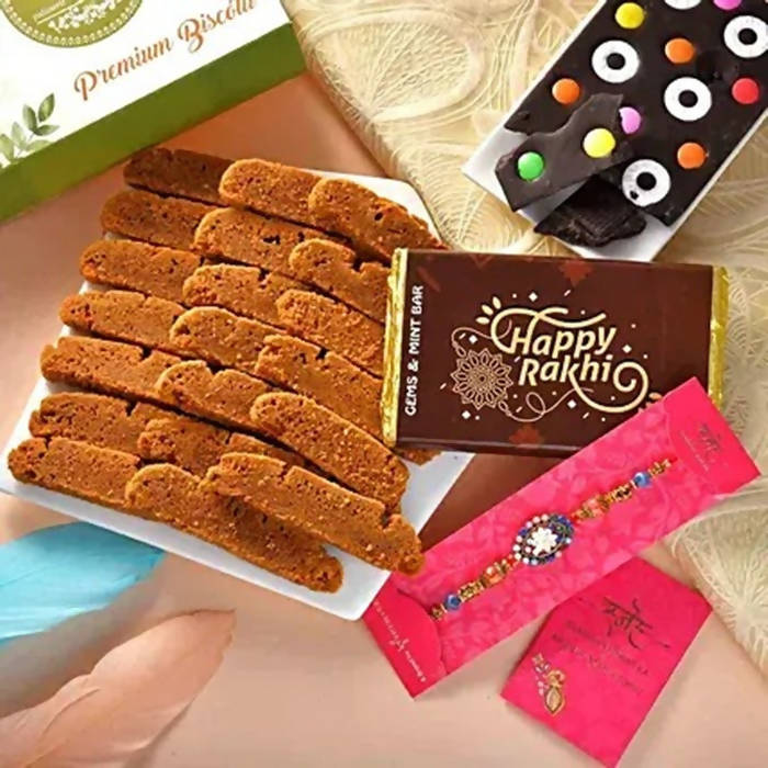 Floral Blue Rakhi N Coffee Biscotti Hamper - Distacart