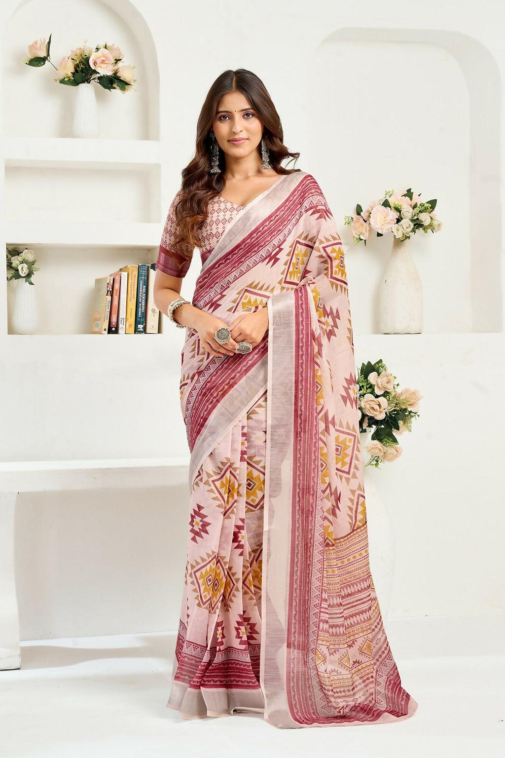 Vastranavya White Maroon Digital Printed Linen Ready To Wear Designer Saree with Unstitched Blouse - Distacart
