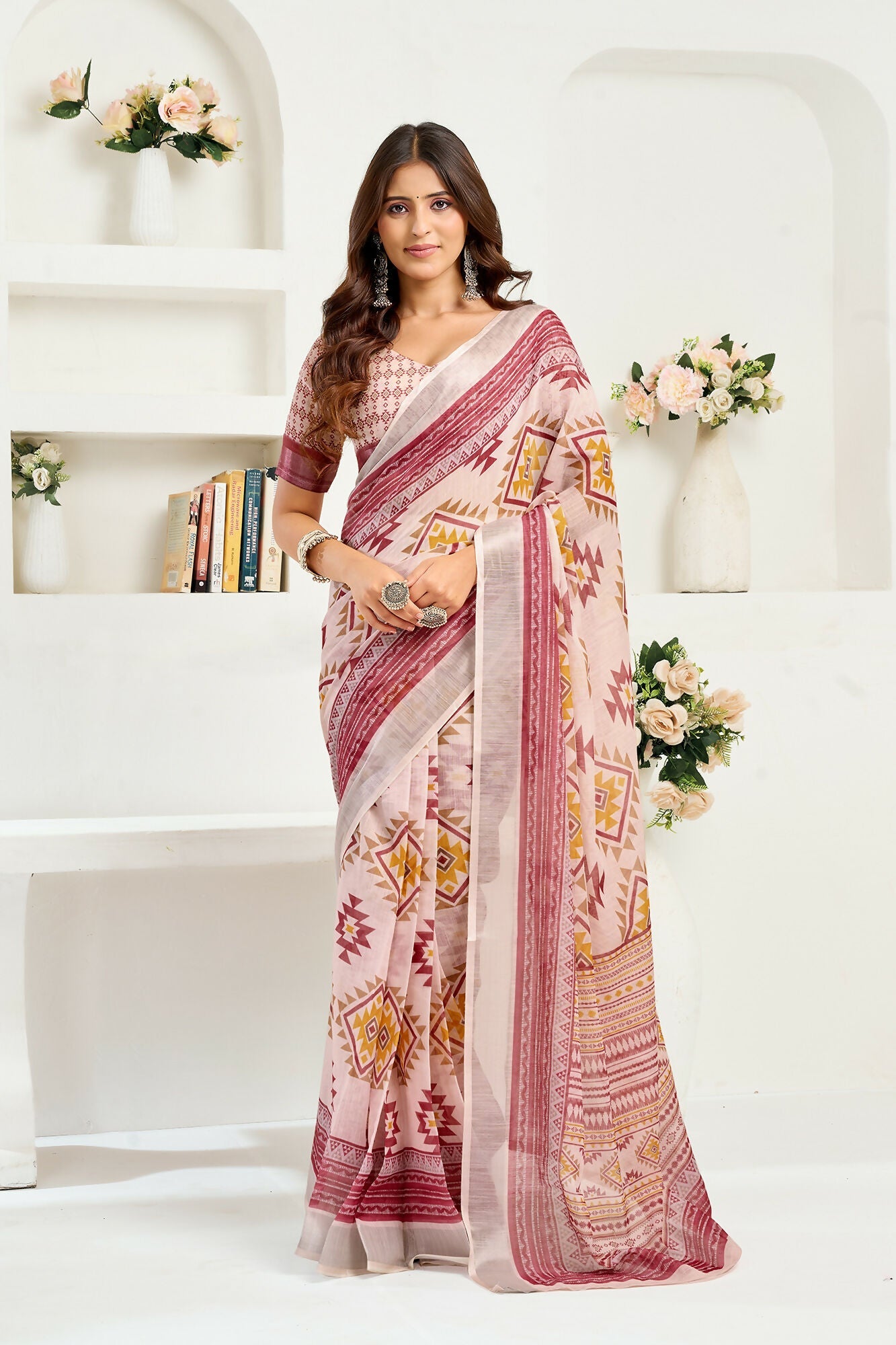 Vastranavya White Maroon Digital Printed Linen Ready To Wear Designer Saree with Unstitched Blouse - Distacart