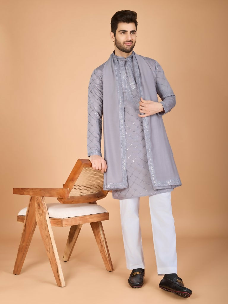Vastranavya Grey Exclusive Festival Wear Viscose Silk Thread with Sequence Embroidered Work Kurta with Dupatta
