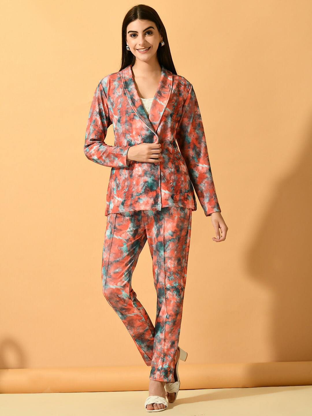 Myshka Women's Multi Printed Coat With Trousers