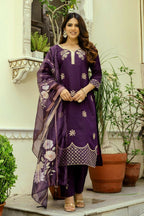 The52 Wine Women's Beautiful Viscose Chanderi Fabric Thread Work Straight Kurta Pant and Dupatta Set - Distacart