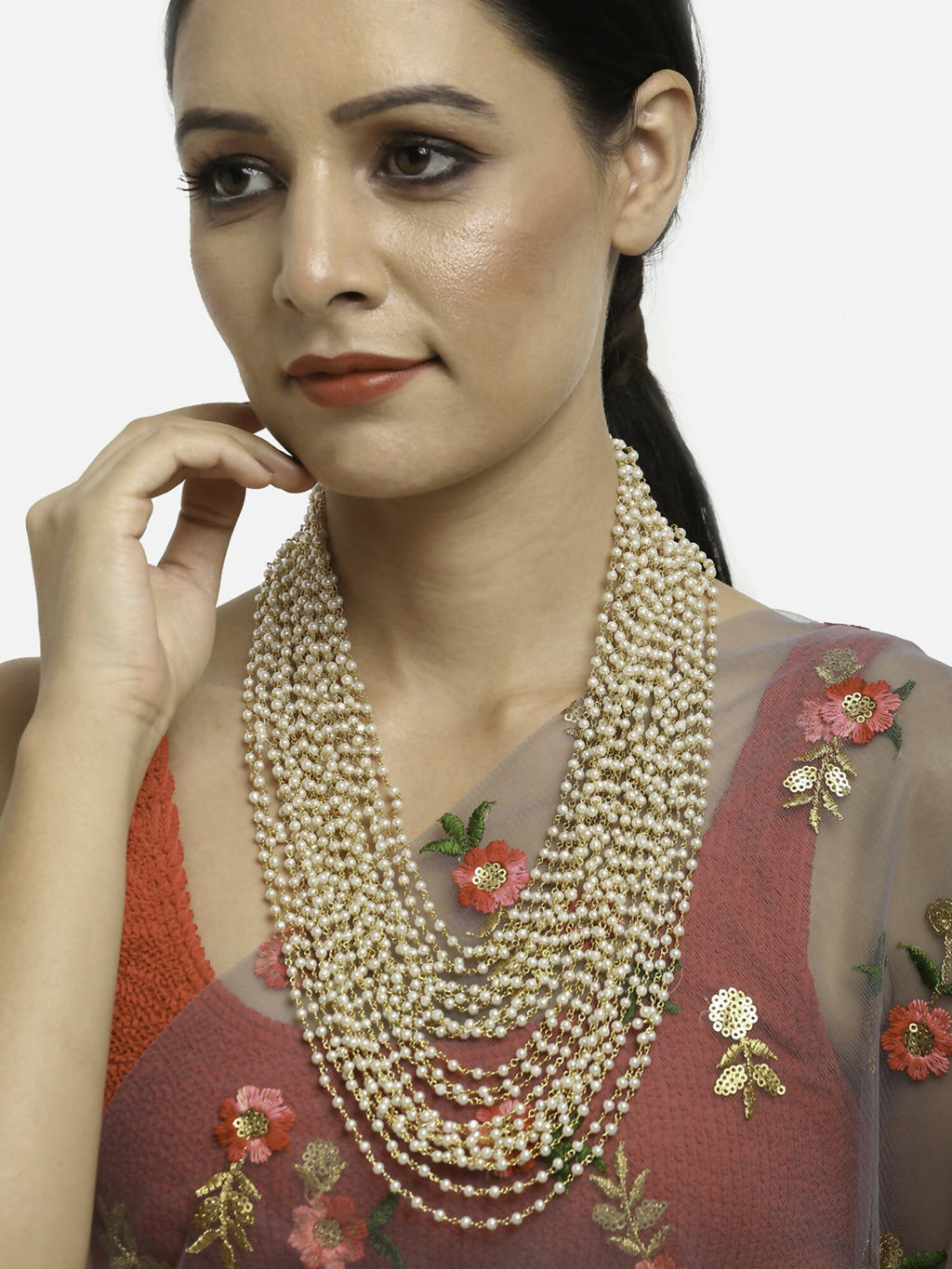 Gold-Toned White Gold-Plated Pearls Layered Handcrafted Necklace - Ruby Raang - Distacart