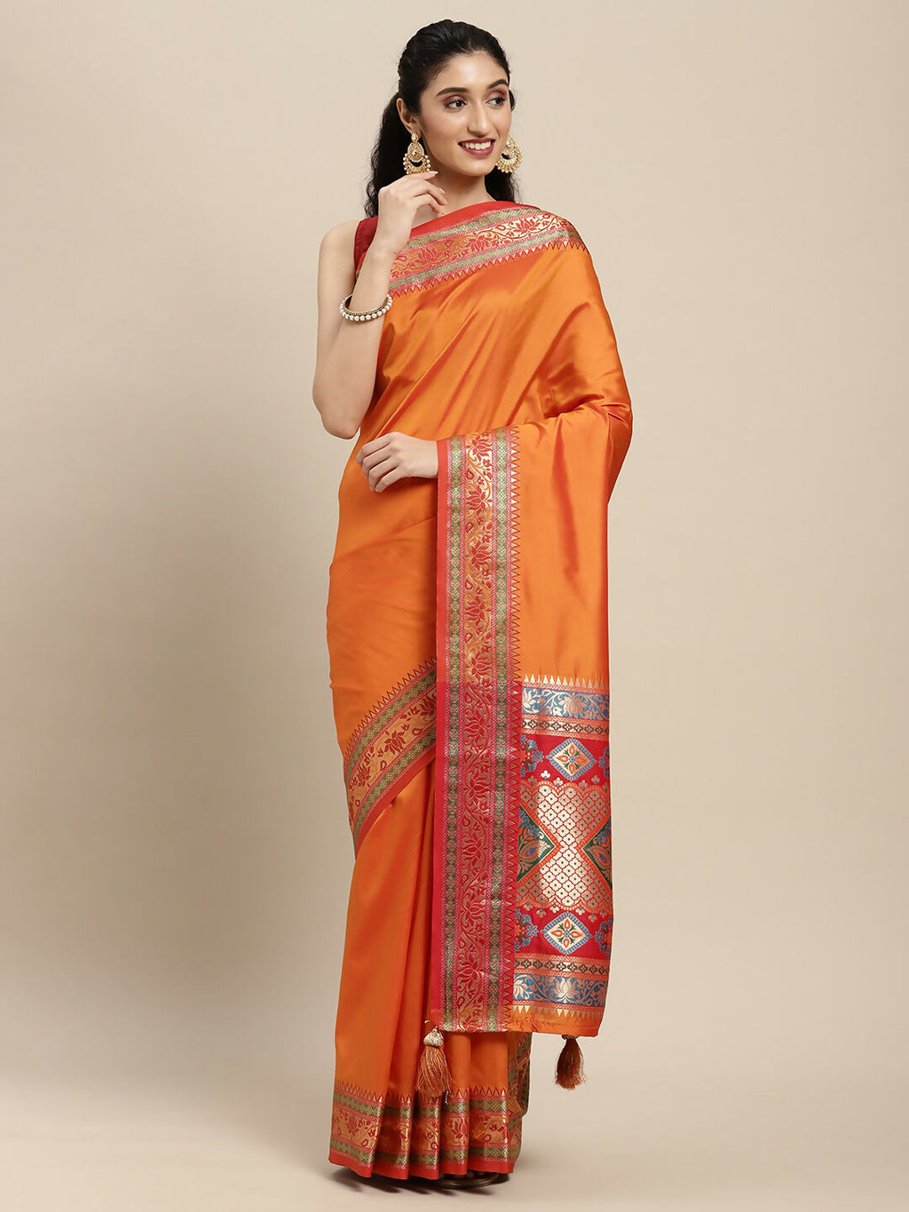 Shree Shyam Fashion Silk Blend Ornage Saree - Distacart