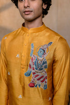 Falling Raw Silk Yellow Mural Krishna By Hilo Design