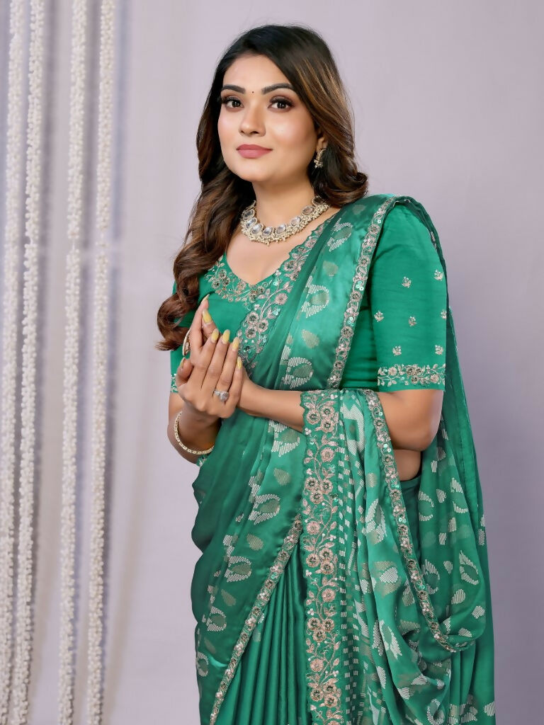 Green Gajji Silk Cord Jari Thread Stone Sequence Saree - Norita Saumya