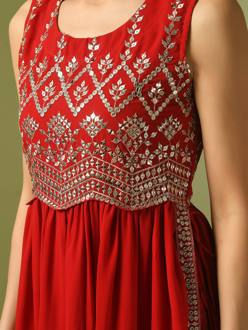 Myshka Women's Red Embroidered Georgette Anarkali Party Kurta Set