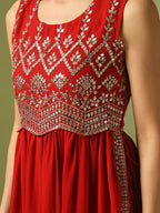 Myshka Women's Red Embroidered Georgette Anarkali Party Kurta Set