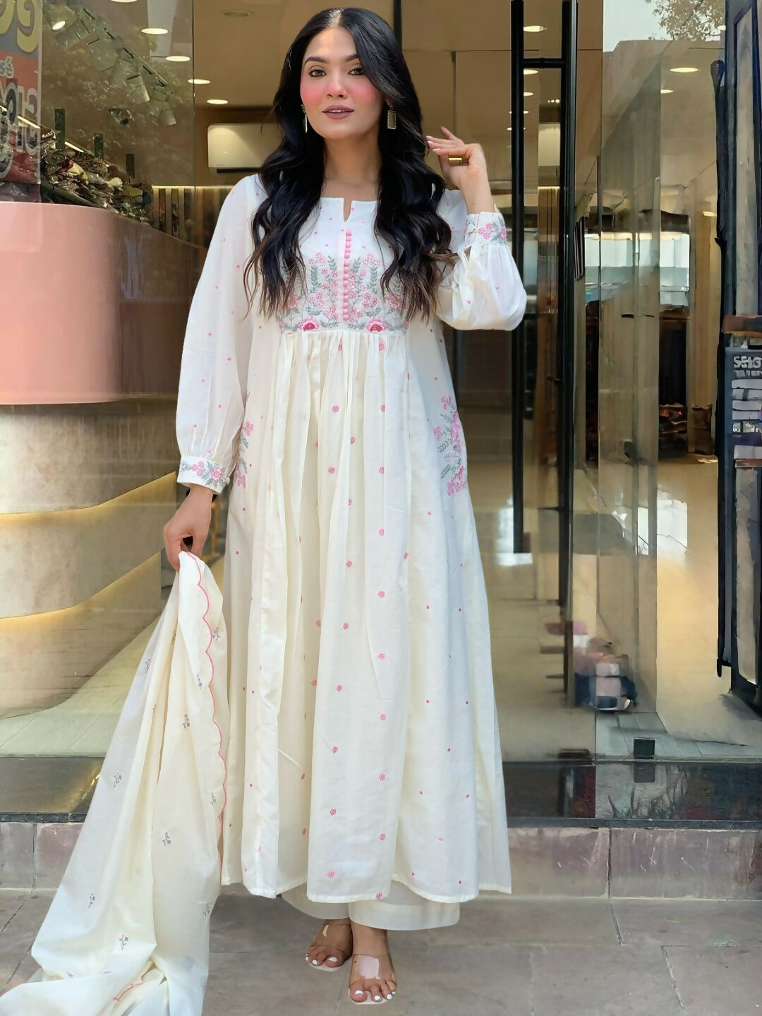 The52 White Women's Beautiful Cotton Fabric Thread Work Straight Kurta Pant and Dupatta Set - Distacart