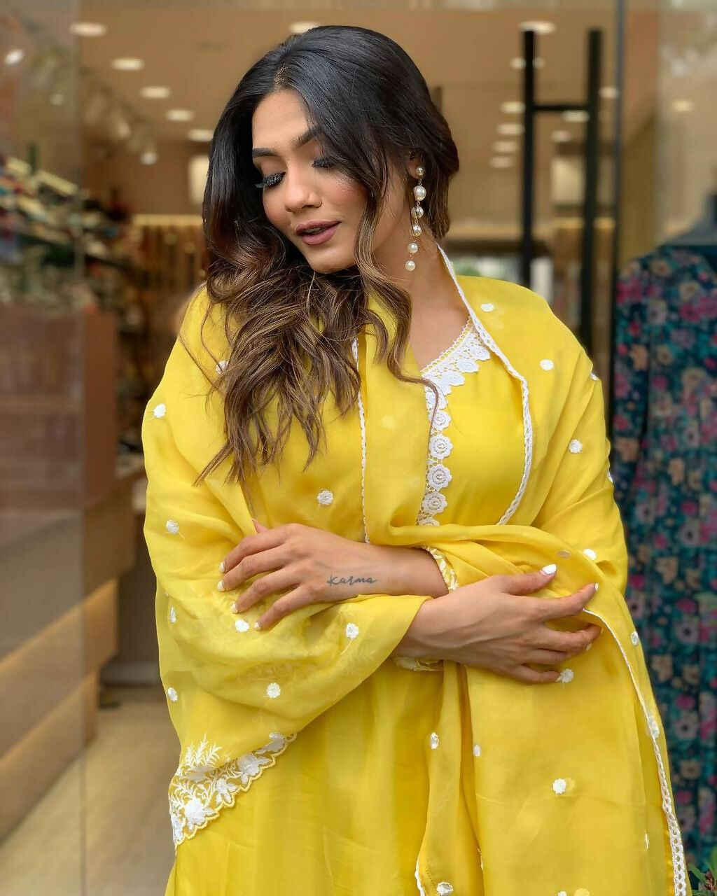 The52 Yellow Women's Gorgeous Embroidered Georgette Fabric Straight Kurta Pant with Dupatta Set - Distacart