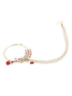 Gold-Plated White Red Kundan Studded Beaded Chained Nose Ring - Ruby Raang - Distacart