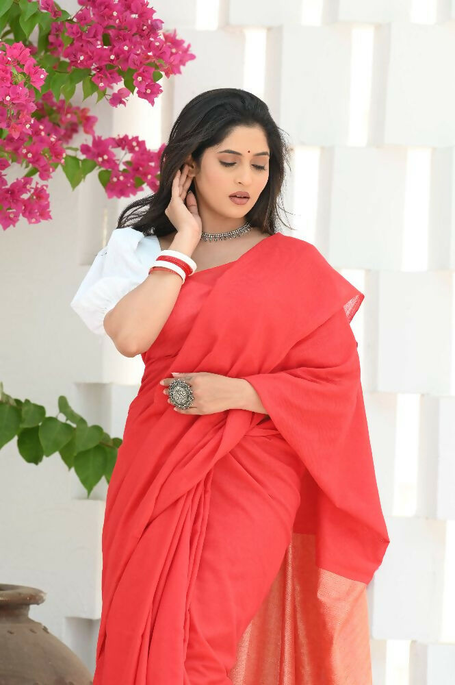 Beatitude Red Cotton Ghicha Pallu Saree