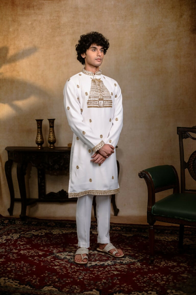 Falling Raw Silk White Devalaya Kurta By Hilo Design