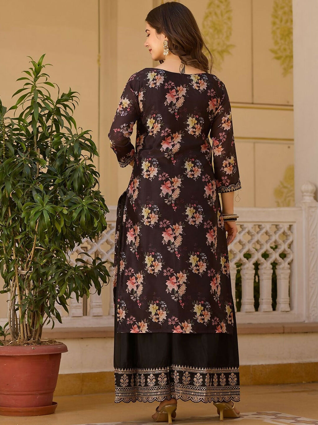 The52 Black Women's Gorgeous Embroidered Chinon Fabric Straight Kurta Palazzo and Dupatta Set - Distacart