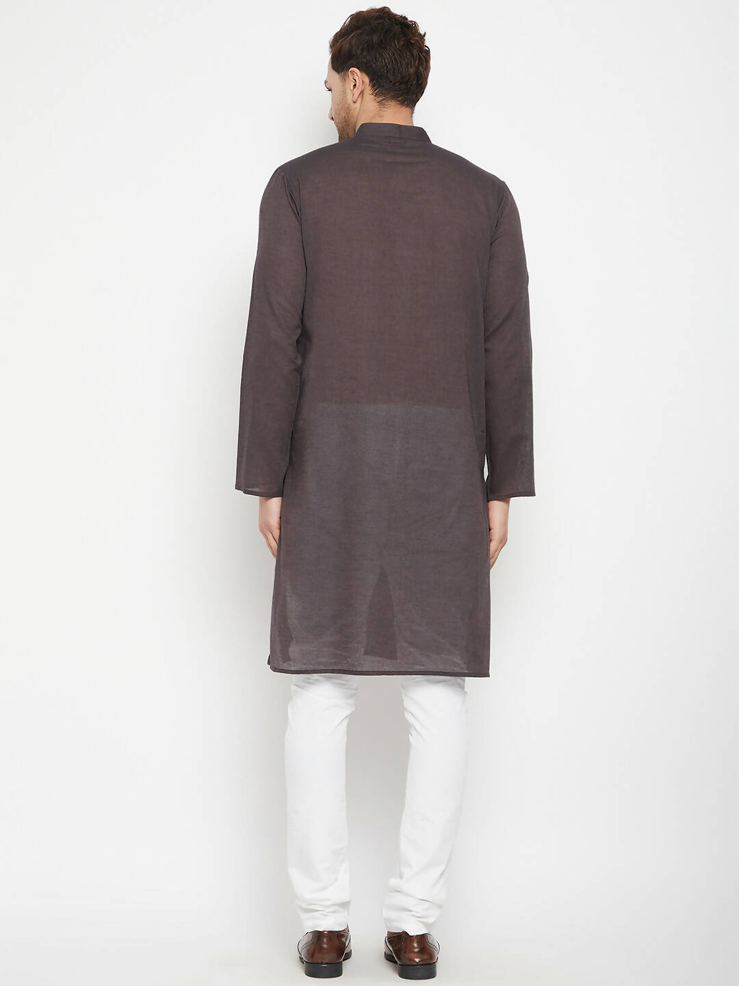 Even Apparels Brown Pure Cotton Long Men's Kurta With Band Collar - Distacart