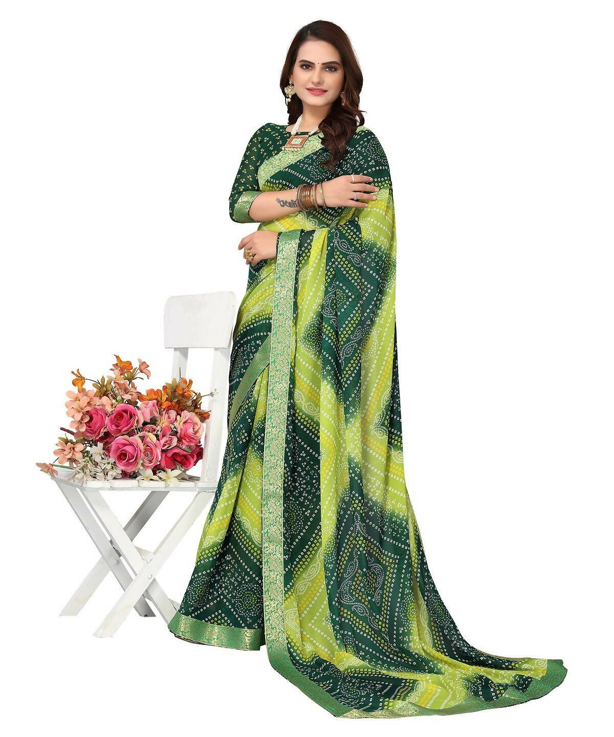 Vamika Green Georgette Printed With Lace Saree (VERA GREEN) - Distacart
