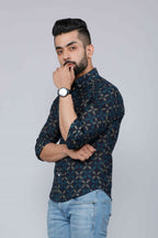 Miravan Men's Blue Floral Print Slim Fit Shirt with Patch Pocket