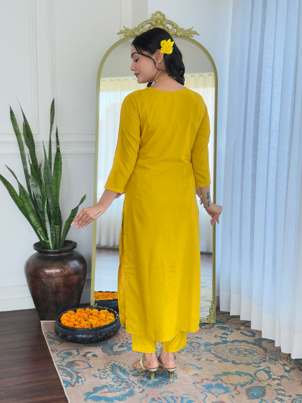 The52 Yellow Women's Beautiful Embroidered Rayon Fabric with Straight Kurta, Pant and Dupatta Set - Distacart