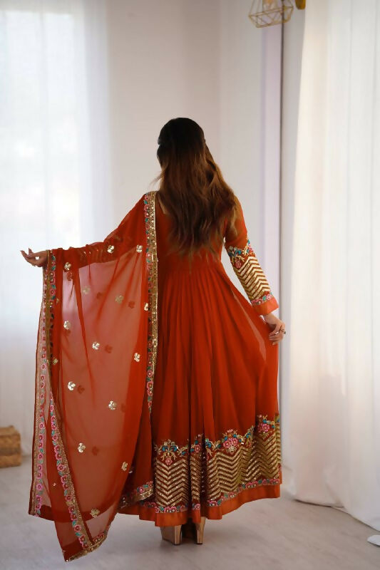 Prazu Fashion Orange Georgette Embroidered Sequence Anarkali Suit - Distacart