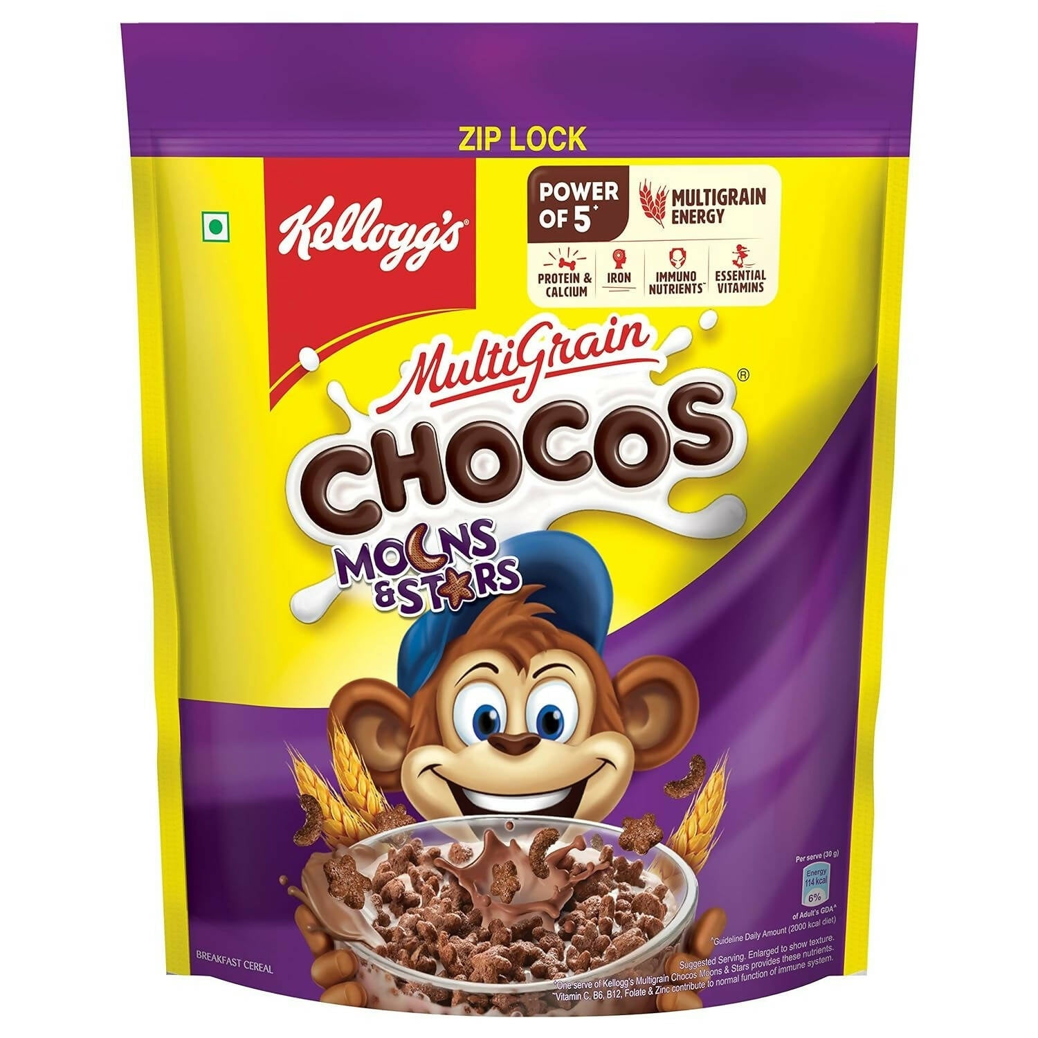 Kellogg's Multigrain Chocos Moons & Stars, High In Calcium & Protein,Essential Vitamins,Iron & Immuno Nutrients