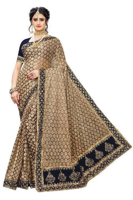 Vamika Brown and Black Terry Cotton Embroidery Saree (JHApartyRMAR NAVY)