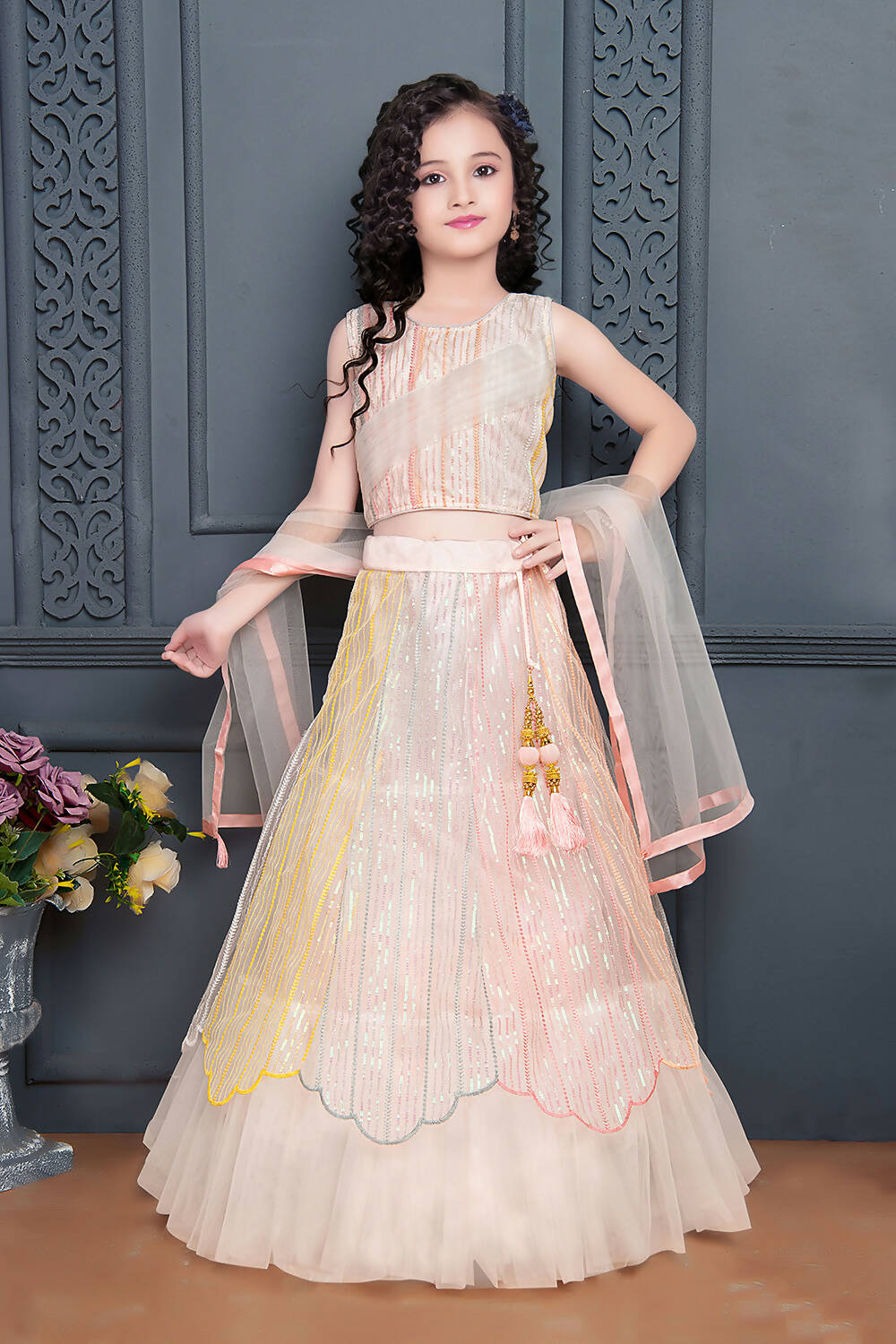 Kids Wedding Designer Light Pink Soft Net Lehenga Choli - Aaradhna