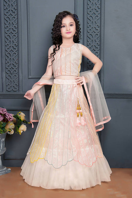 Kids Wedding Designer Light Pink Soft Net Lehenga Choli - Aaradhna