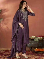 The52 Wine Women's Gorgeous Vichitra Fabric Embroidered Work Straight Kurta Pant and Dupatta Set - Distacart