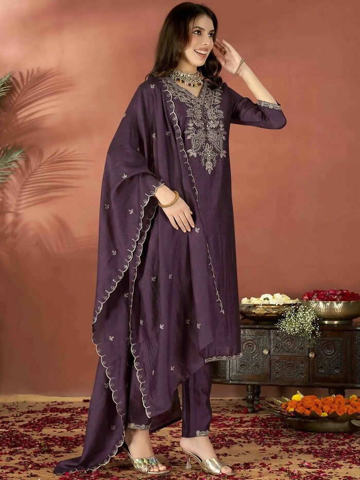 The52 Wine Women's Gorgeous Vichitra Fabric Embroidered Work Straight Kurta Pant and Dupatta Set - Distacart