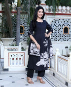 Miravan Women's Black Pintucks Detailing Straight Kurta and Palazzo with Dupatta Set