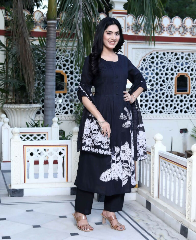 Miravan Women's Black Pintucks Detailing Straight Kurta and Palazzo with Dupatta Set