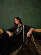 Sangria Black Floral Embroidered Round Neck Zari A-Line Kurta With Trouser & Dupatta - Distacart