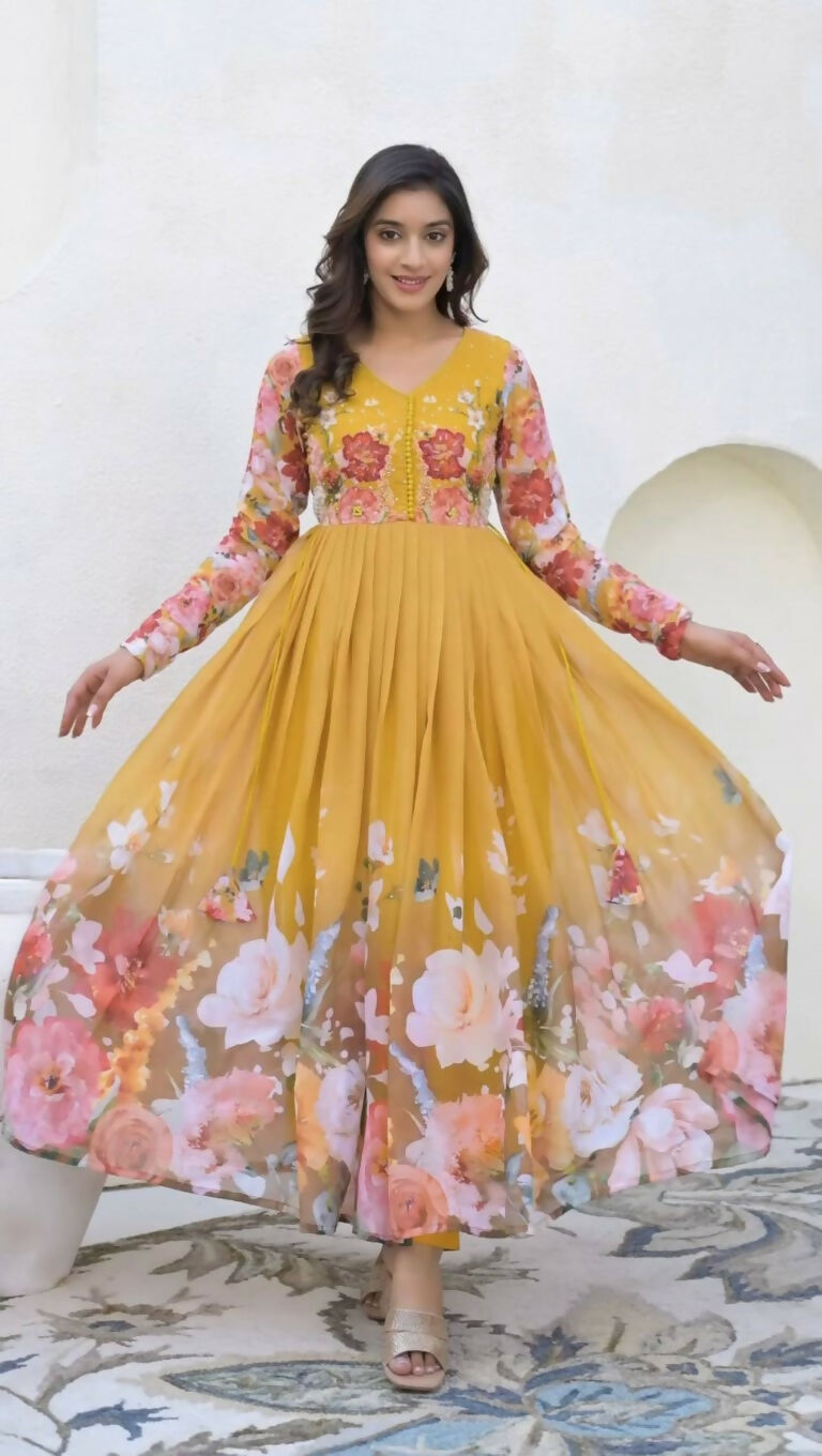 Teeya Creation Yellow Color Faux Georgette Printed Party Wear Gown - Distacart